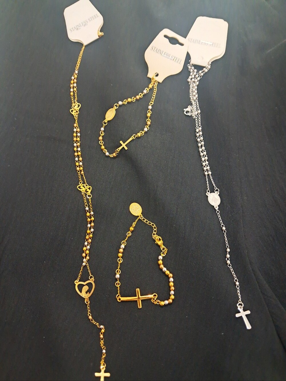 Gold and Silver Cross Pendant Necklace and Bracelet Set - Stainless Steel